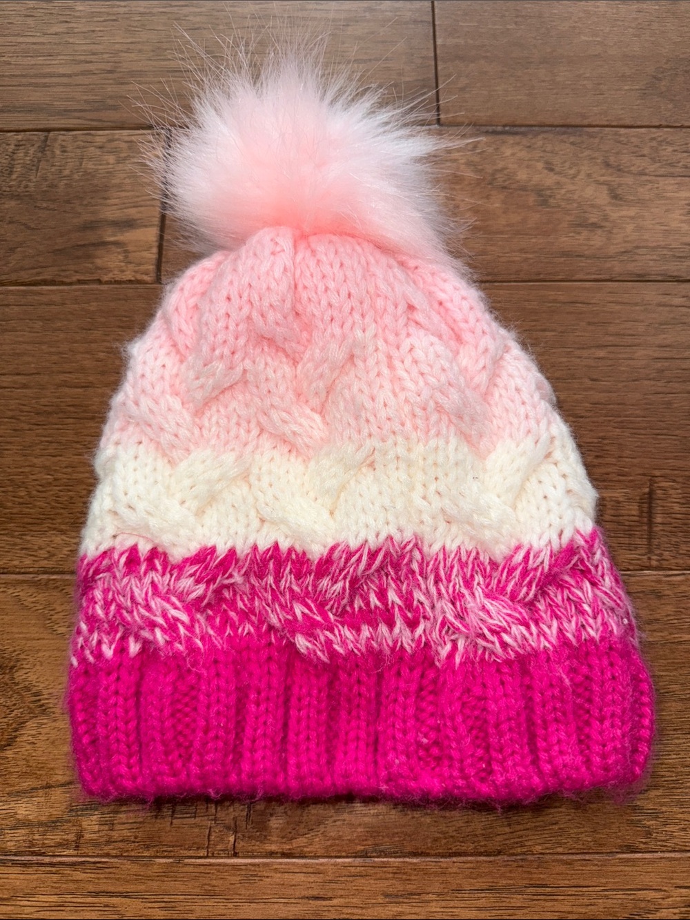 Girls Wonder Nation Pink White Cable Knit Pom Pom Beanie Winter Hat